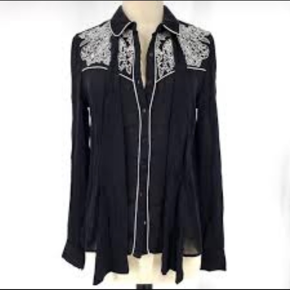 Zara Embroidered Button Tie Neck Down Size XS